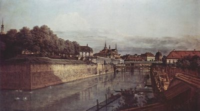 Gezicht op Dresden, de oude watergracht van de Zwinger, gezien vanuit de Orangerie richting stad door Bernardo Bellotto